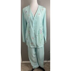Diane Von Furstenberg Silk Assets Blue Beaded Embroider 100% Silk Pajama Set S/M